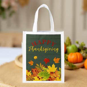 Rustic Wood Fall Leaves Thanksgiving Hostess Grocery Bag