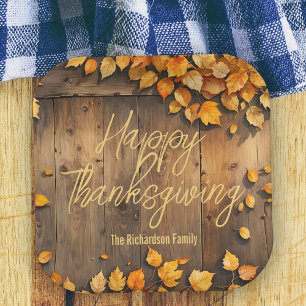 Rustic Wood Fall Leaves Wood Family Thanksgiving Paper Plates
