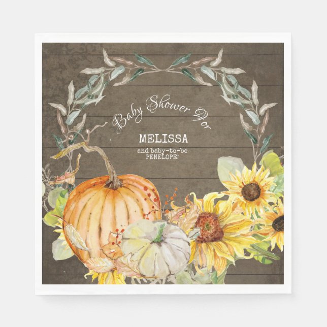 Rustic Wood Fall Pumpkins w Sunflowers Baby Shower Napkins (Front)