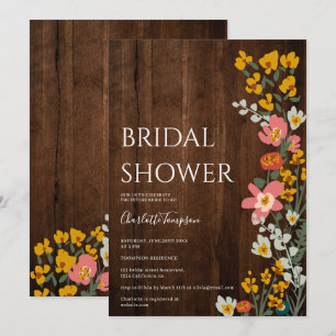 Rustic wood fall retro flowers bridal shower Invitation