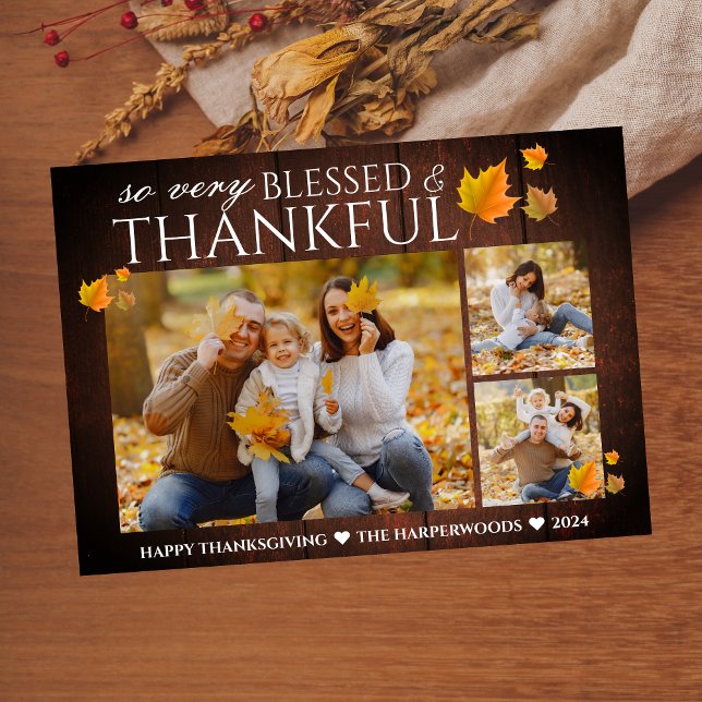 Rustic Wood Fall thanksgiving family 3 photo Holiday Card (Creator Uploaded)