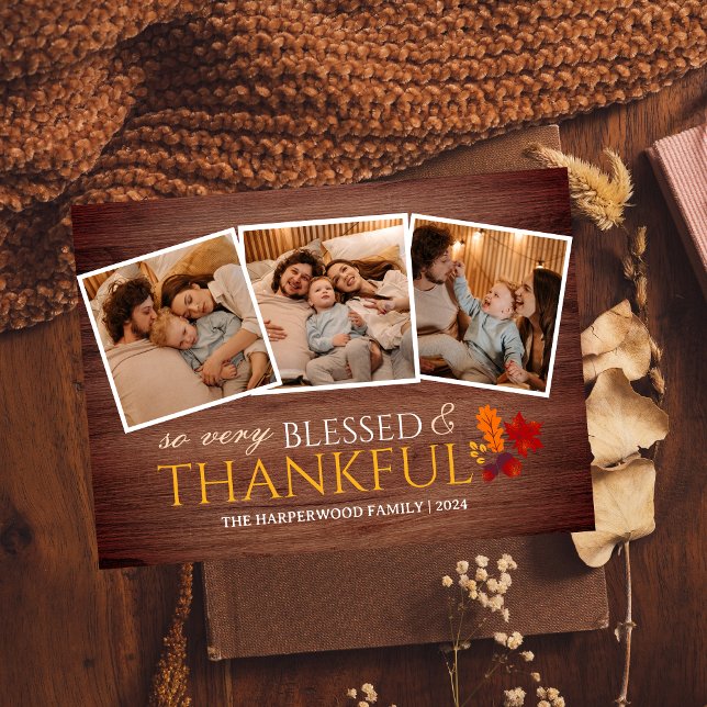 Rustic Wood Fall thanksgiving family Three photo Holiday Card (Creator Uploaded)