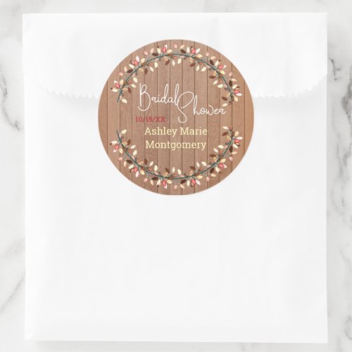 Rustic Wood Fall Wreath Bridal Shower Custom Classic Round Sticker