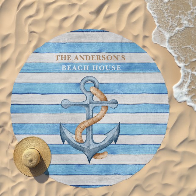 Rustic Wood Family Beach House Nautical Stripes Beach Towel (Beach)