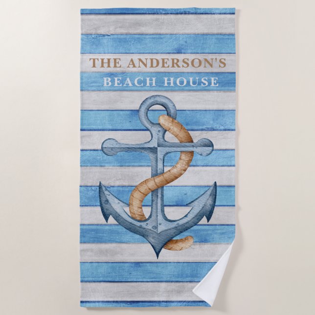 Rustic Wood Family Beach House Nautical Stripes Beach Towel (Front)