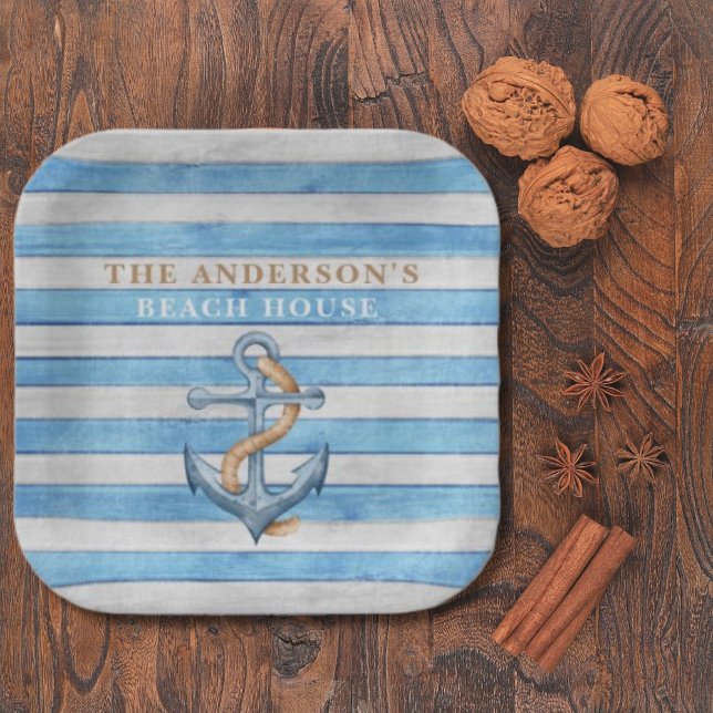 Rustic Wood Family Beach House Nautical Stripes  Paper Plates (Creator Uploaded)