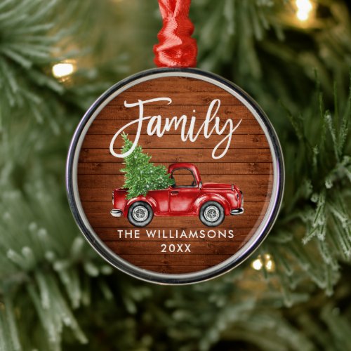 Rustic Wood Family Brush Script Vintage Red Truck Metal Ornament