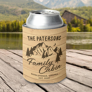 Rustic Wood Family Cabin Name Year Can Cooler