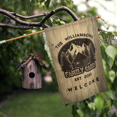 Rustic Wood Family Cabin Pine Trees Brown Name  House Flag