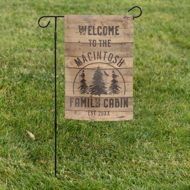 Rustic Wood Family Cabin Trees Personalized Garden Flag (In SItu)