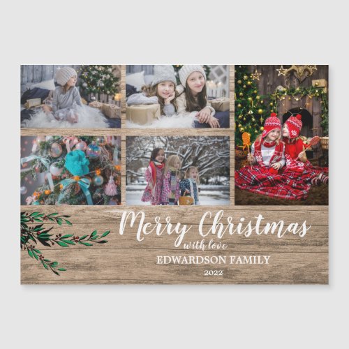 Rustic wood family collage Christmas magnetic card