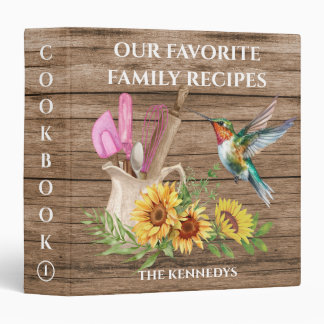Rustic Wood Family Cookbook Hummingbird Sunflower 3 Ring Binder