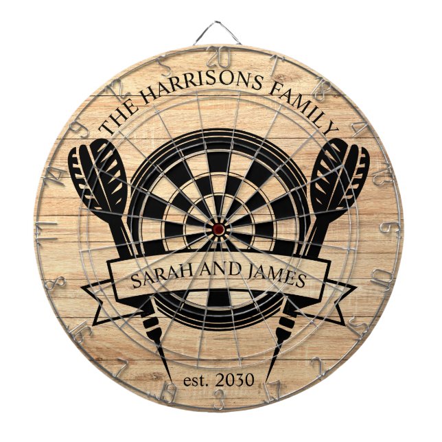 Rustic Wood Family Custom Name Wedding Dart Board (Front)