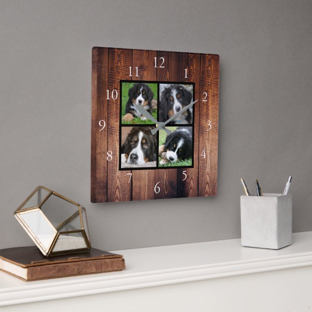 Rustic wood Family custom photo collage Square Wall Clock (Office)