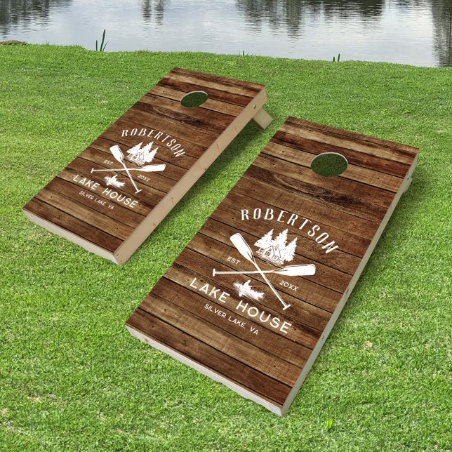 Rustic Wood Family Lake House Boat Oars Trees Cornhole Set (Creator Uploaded)