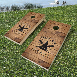 Rustic Wood Family Lake House Pine Tree Cornhole Set