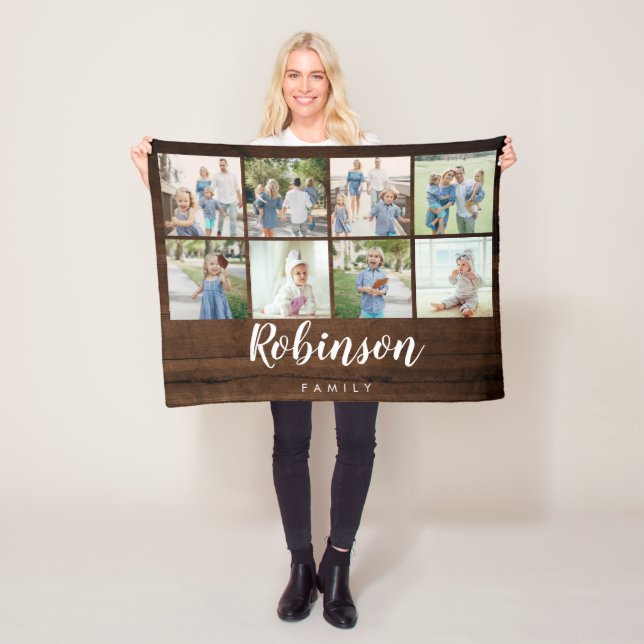 Rustic Wood Family Monogram 8 Photo Collage Fleece Blanket (In Situ)