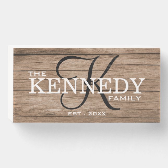 Rustic Wood Family Monogram Last Name Wooden Box Sign (Front Horizontal)