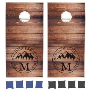Rustic Wood Family Monogram Moose Mountains Cornhole Set