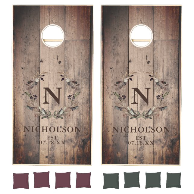 Rustic Wood Family Monogram Name Botanical Cornhole Set (Set)