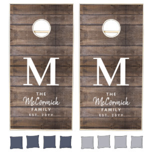 Rustic Wood Family Monogram Name Established Year Cornhole Set