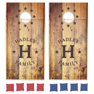 Rustic Wood Family Monogram Name Stars Cornhole Set