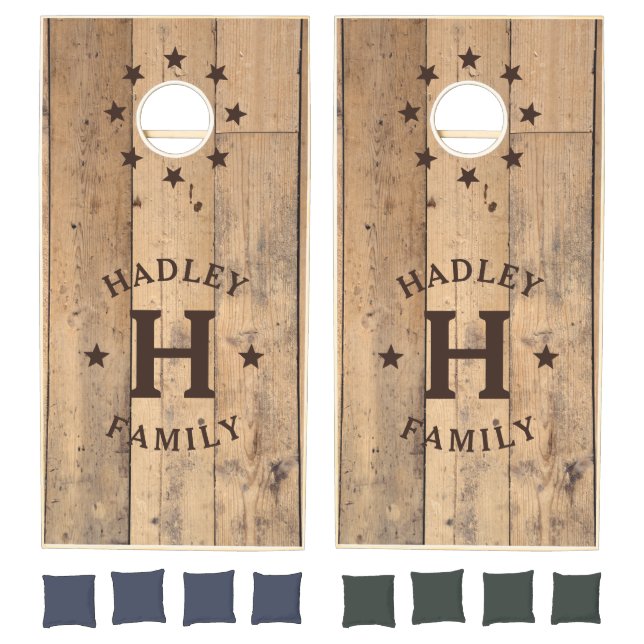 Rustic Wood Family Monogram Name Stars Cornhole Set (Set)
