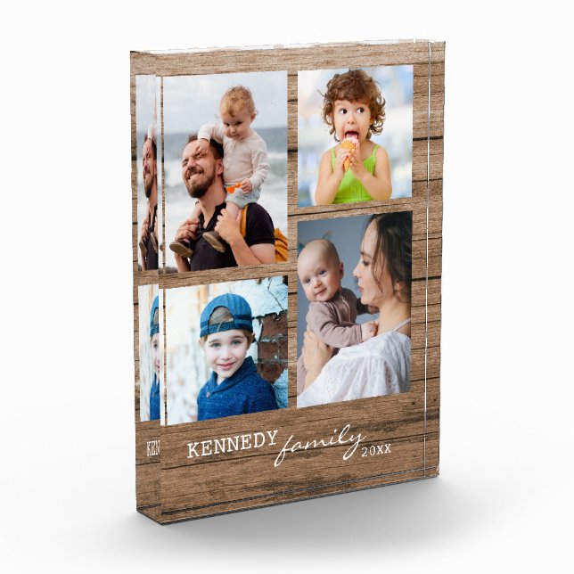 Rustic Wood Family Name 4 Photo Collage Block (Left)