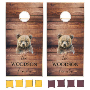 Rustic Wood Family Name Bear Cornhole Set