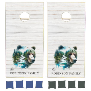 Rustic Wood Family Name Bear Cornhole Set