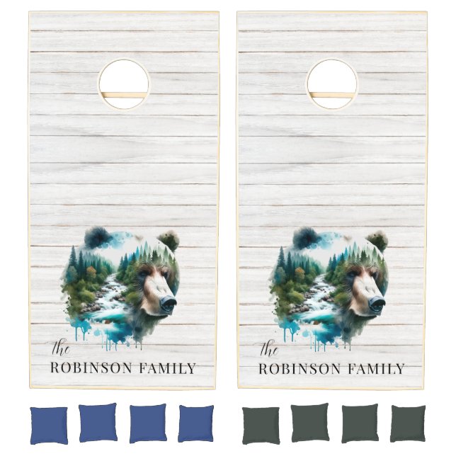 Rustic Wood Family Name Bear Cornhole Set (Set)