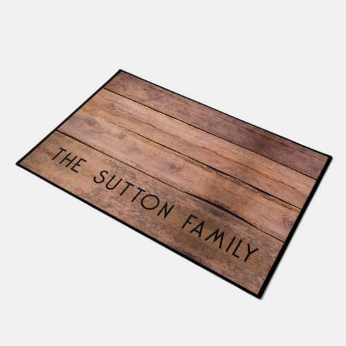 Rustic Wood Family Name Black Border Doormat