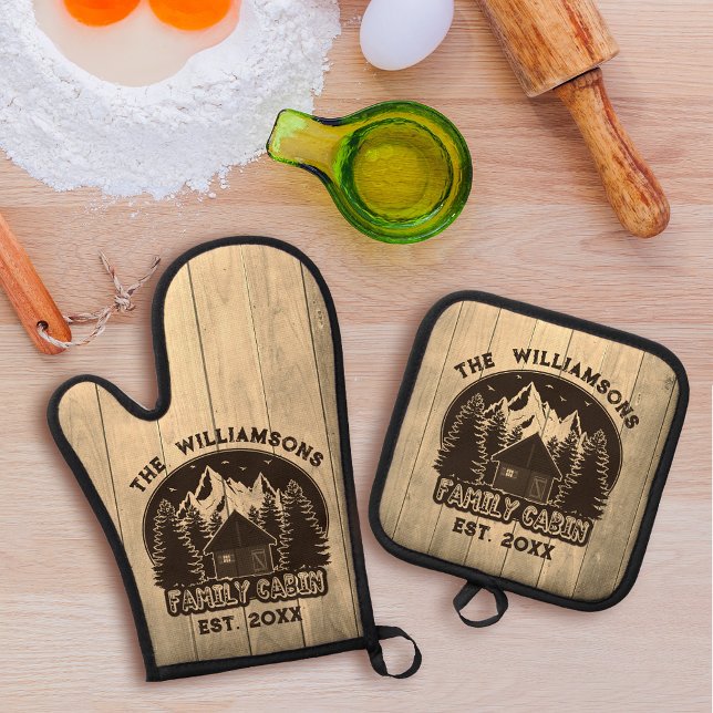 Rustic Wood Family Name Cabin Forest Trees  Oven Mitt & Pot Holder Set (Creator Uploaded)