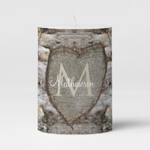 Rustic Wood family name carved Heart Pillar Candle