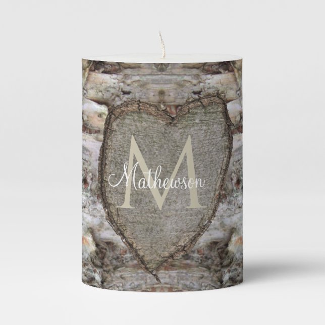 Rustic Wood family name carved Heart Pillar Candle (Front)