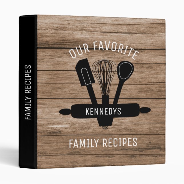 Rustic Wood Family Name Cookbook Family Recipe  3 Ring Binder (Front/Spine)