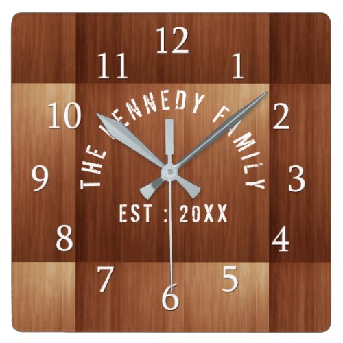 Rustic Wood Family Name Country Style Square Wall Clock