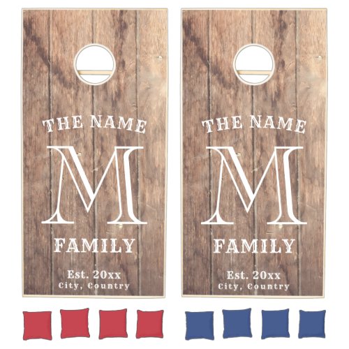 Rustic Wood Family Name  Custom Monogram  Cornhole Set