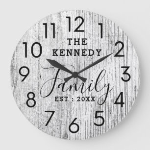 Rustic Wood Family Name Farmhouse Black And White Large Clock
