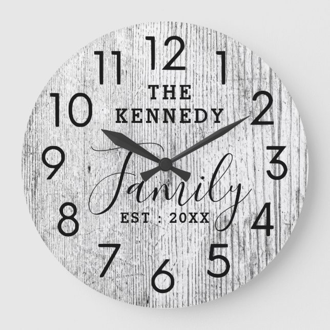 Rustic Wood Family Name Farmhouse Black And White  Large Clock (Front)