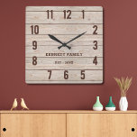 Rustic Wood Family Name Farmhouse Kitchen Square Wall Clock<br><div class="desc">Simple rustic wood farmhouse wall clock personalized with family name and established year. Makes a thoughtful gift for housewarming, holidays and weddings.</div>