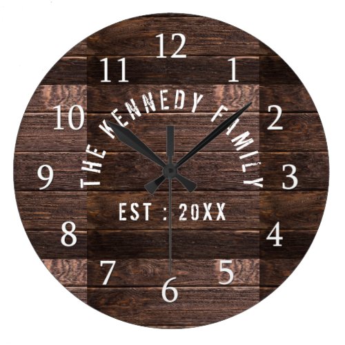 Rustic Wood Family Name Farmhouse Large Clock