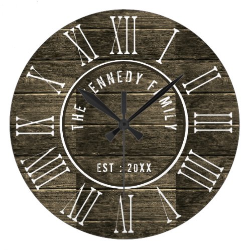 Rustic wood Family Name Farmhouse Roman Numeral Large Clock