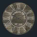 Rustic wood Family Name Farmhouse Roman Numeral Large Clock<br><div class="desc">Rustic farmhouse style wall clock with white roman numeral numbers. Personalize with family name and established year to make your country home decor unique and special.</div>