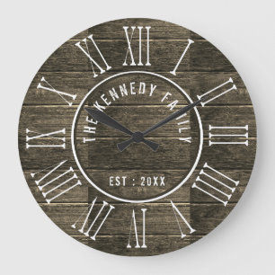 Rustic wood Family Name Farmhouse Roman Numeral Large Clock