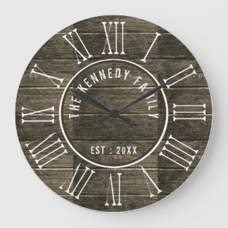 Rustic wood Family Name Farmhouse Roman Numeral Large Clock