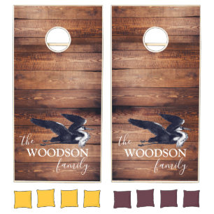 Rustic Wood Family Name Great Heron Cornhole Set