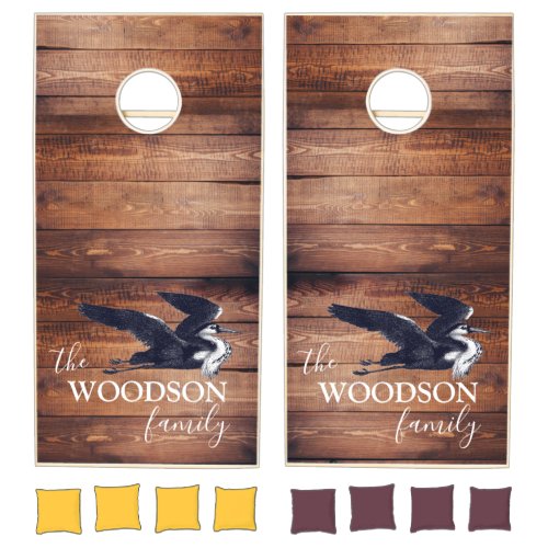 Rustic Wood Family Name Great Heron Cornhole Set