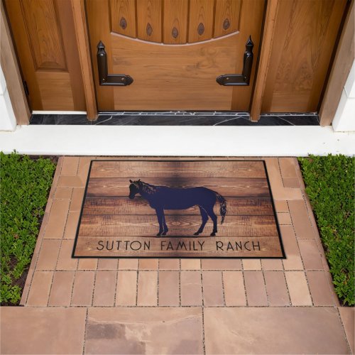 Rustic Wood Family Name Horse Silhouette Doormat