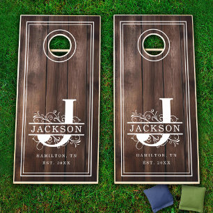 Rustic Wood Family Name J Monogram Cornhole Set